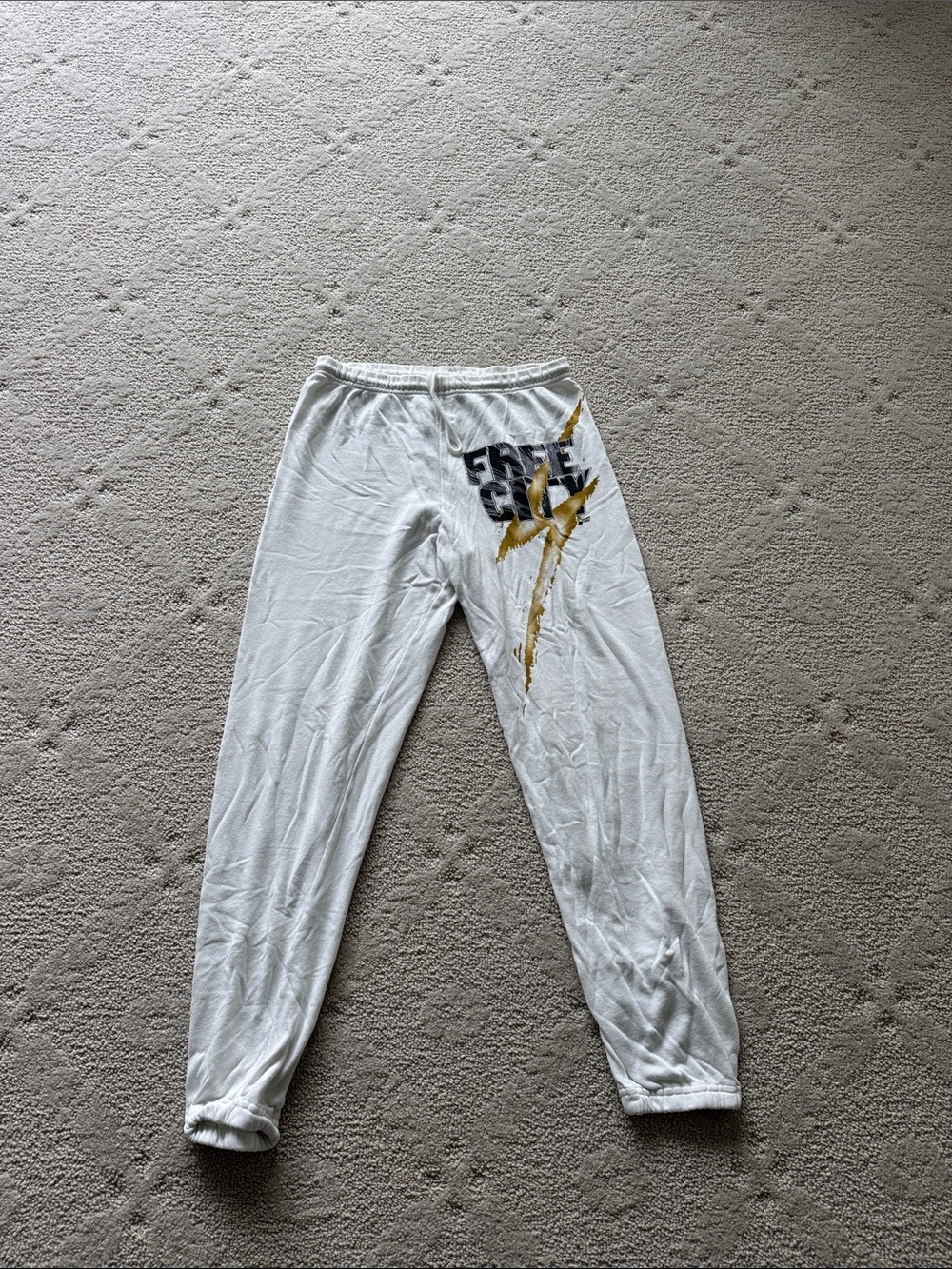 freecity White Track Pants with Gold Graphic